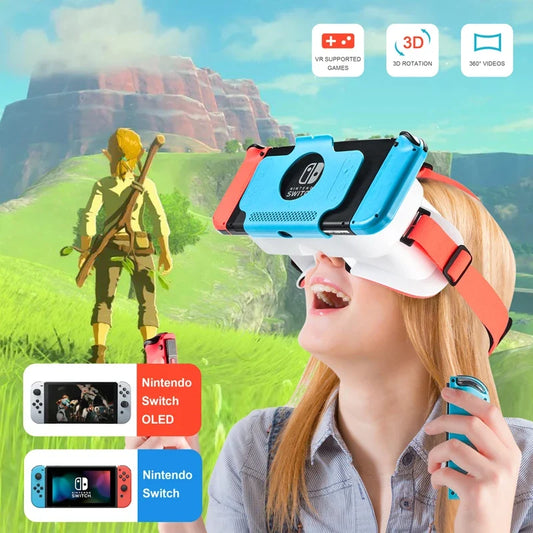 Nintendo Switch LABO VR headset with blue shell and orange strap worn by smiling woman on Tampa Home & Garden Store