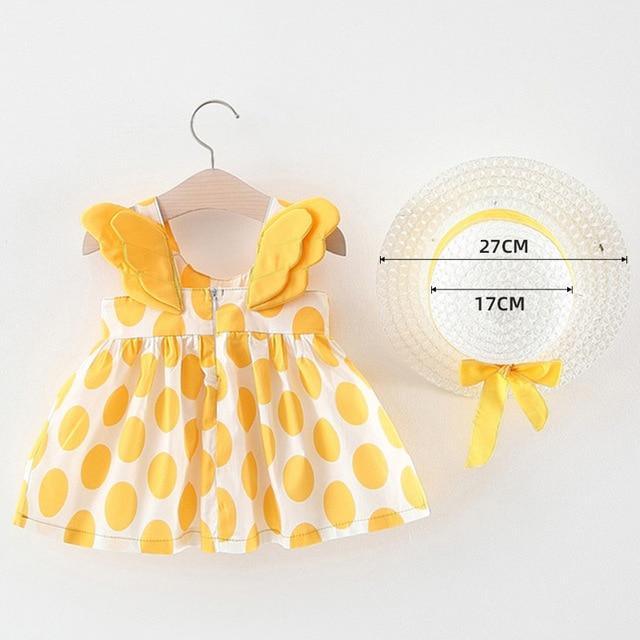 Stevvex baby girl dress set: yellow polka-dot princess dress with bow and white woven sun hat on Tampa Home & Garden Store