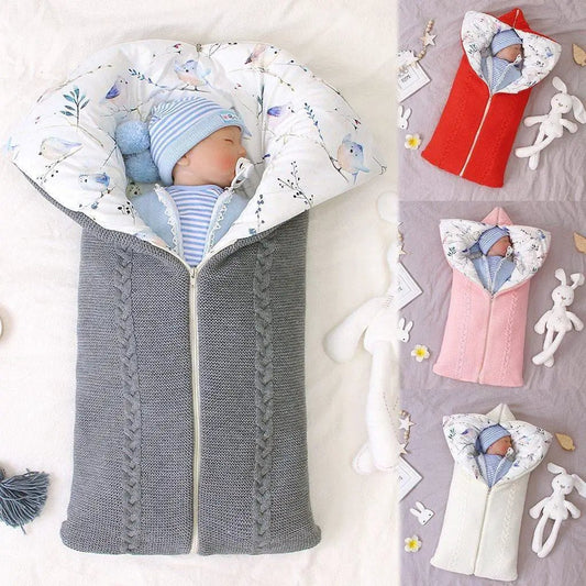 Stevvex newborn knit sleep bag gray with zip and cable-knit panels; hooded bird-print lining on Tampa Home & Garden Store