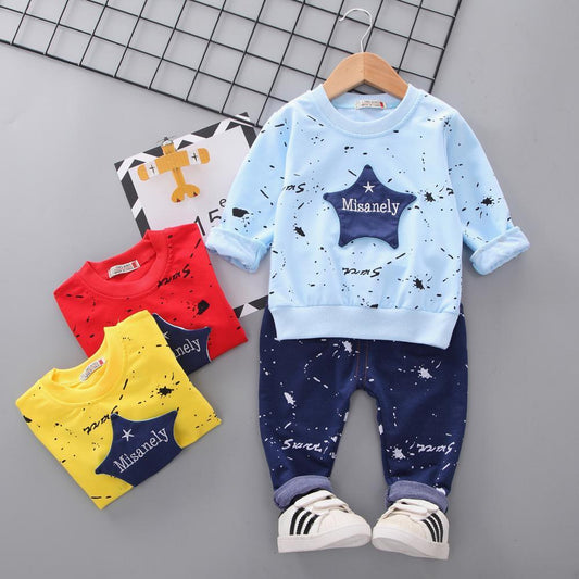 Stevvex baby boys 2pc costume set featuring light blue star patch sweatshirt and navy pants on Tampa Home & Garden Store