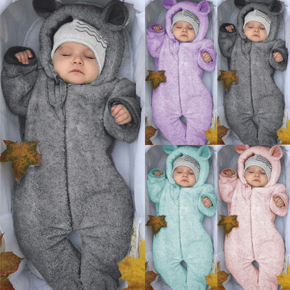 Stevvex newborn baby hooded fleece romper set; 5 solid jumpsuits in gray purple mint pink on Tampa Home & Garden Store