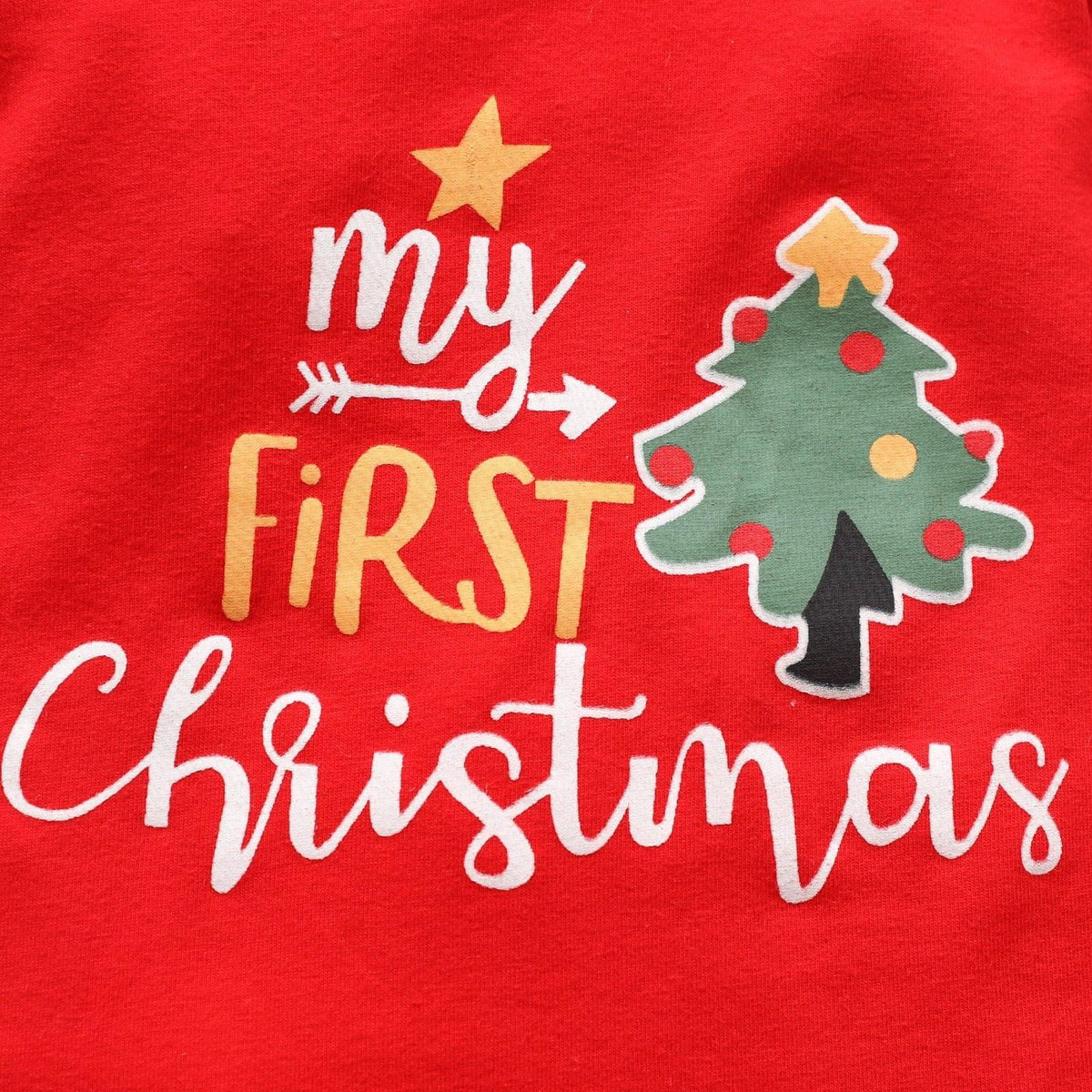Newborn baby girls Christmas romper set print on red fabric with my first Christmas tree motif on Tampa Home & Garden Store
