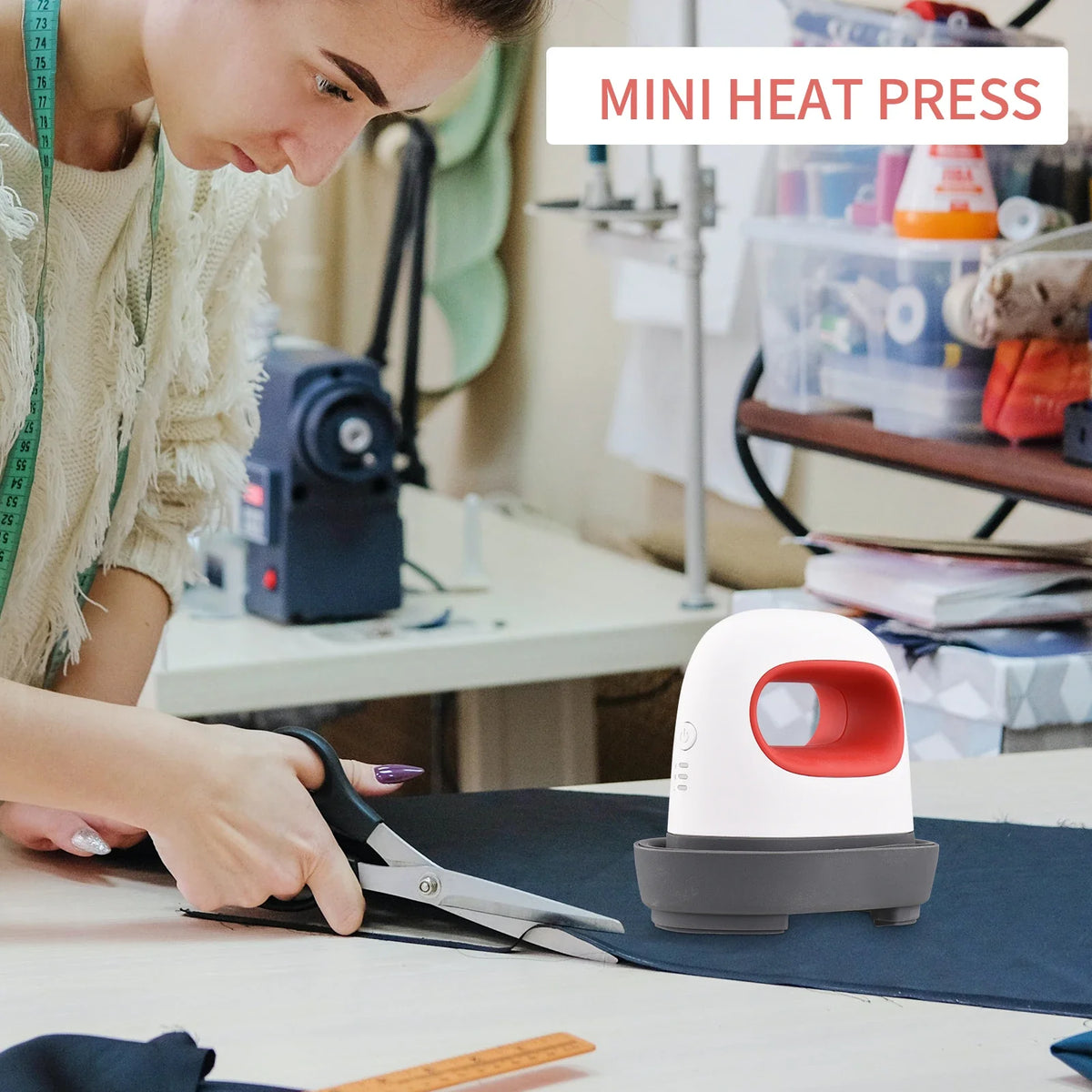 Mini Heat Press Machine for T-Shirts white body with red handle on a craft table on Tampa Home & Garden Store