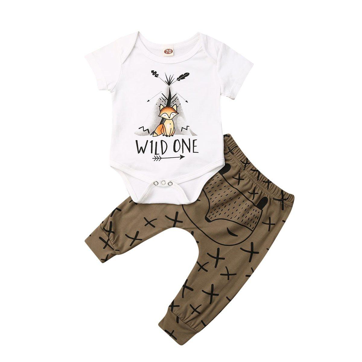 Newborn romper set by Stevvex white short-sleeve top with fox Wild One print and brown pants on Tampa Home & Garden Store