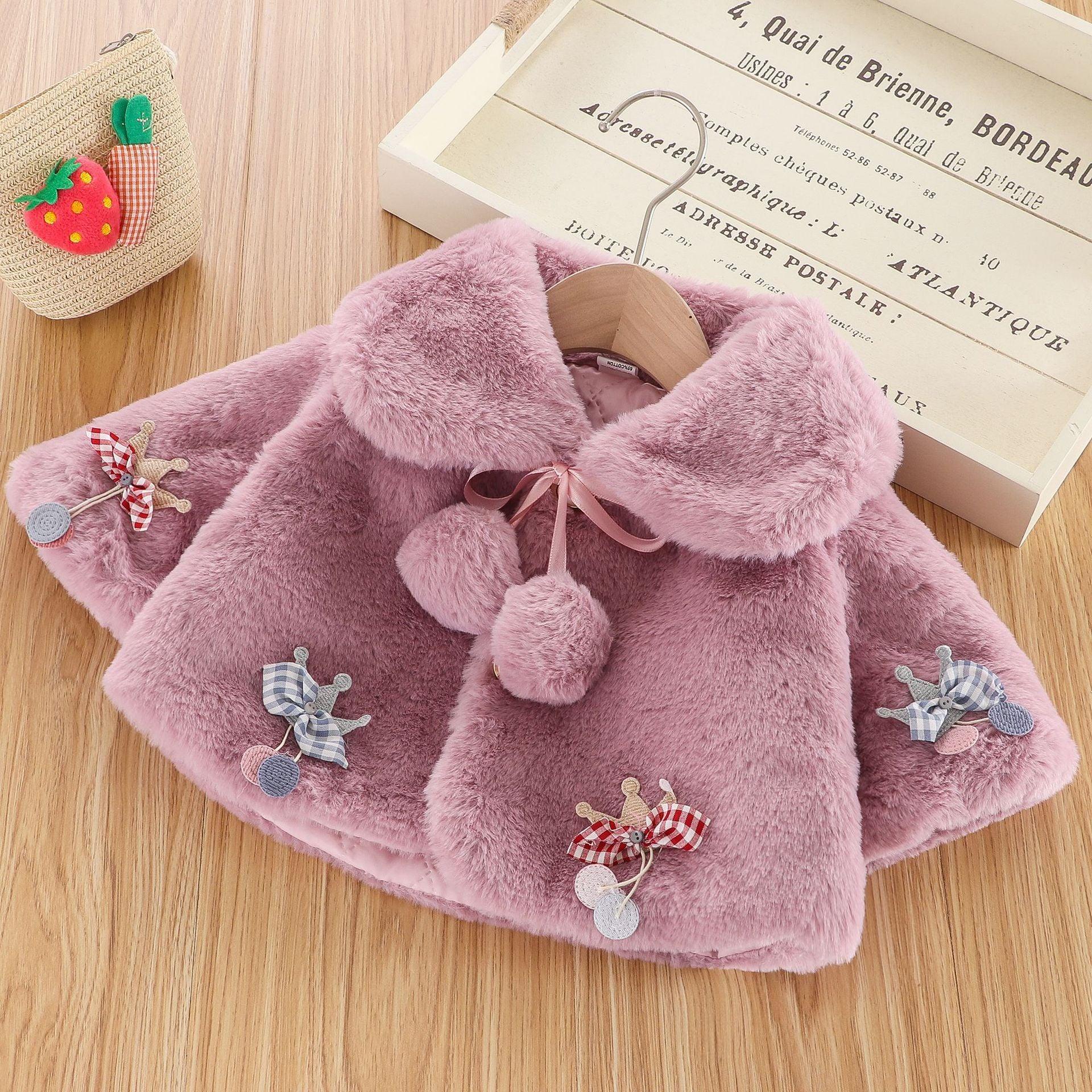 Stevvex pink plush fur baby cloak jacket for baby girls with plaid bow patches on Tampa Home & Garden Store