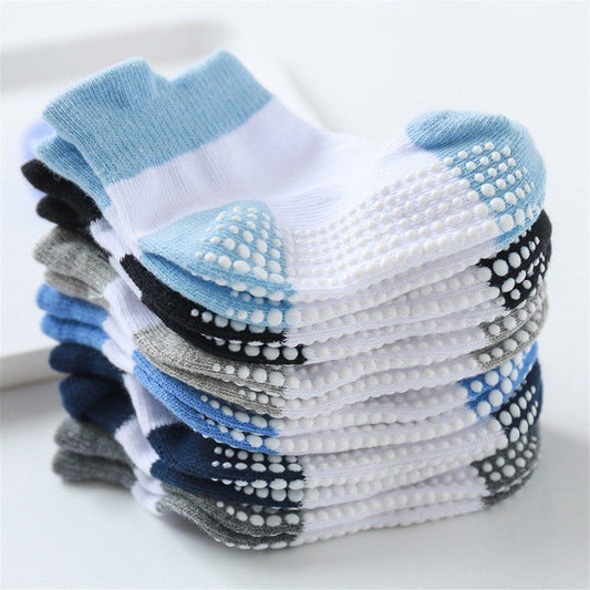 Stevvex 6-pair baby cotton socks with non-slip grip dots, low-cut boat style in blue white gray on Tampa Home & Garden Store