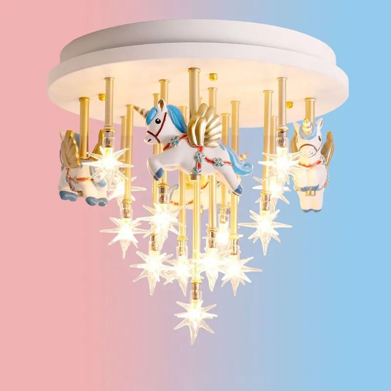DecorBites Kids Resin Horse Paper Crane Ceiling Light with blue pink LED and star accents on Tampa Home & Garden Store