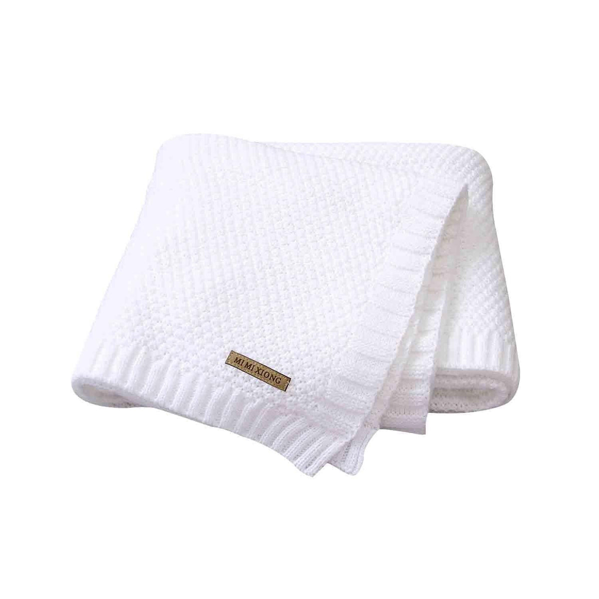 White knitted baby swaddle blanket, soft newborn wrap with MI MIKONG tag on Tampa Home & Garden Store