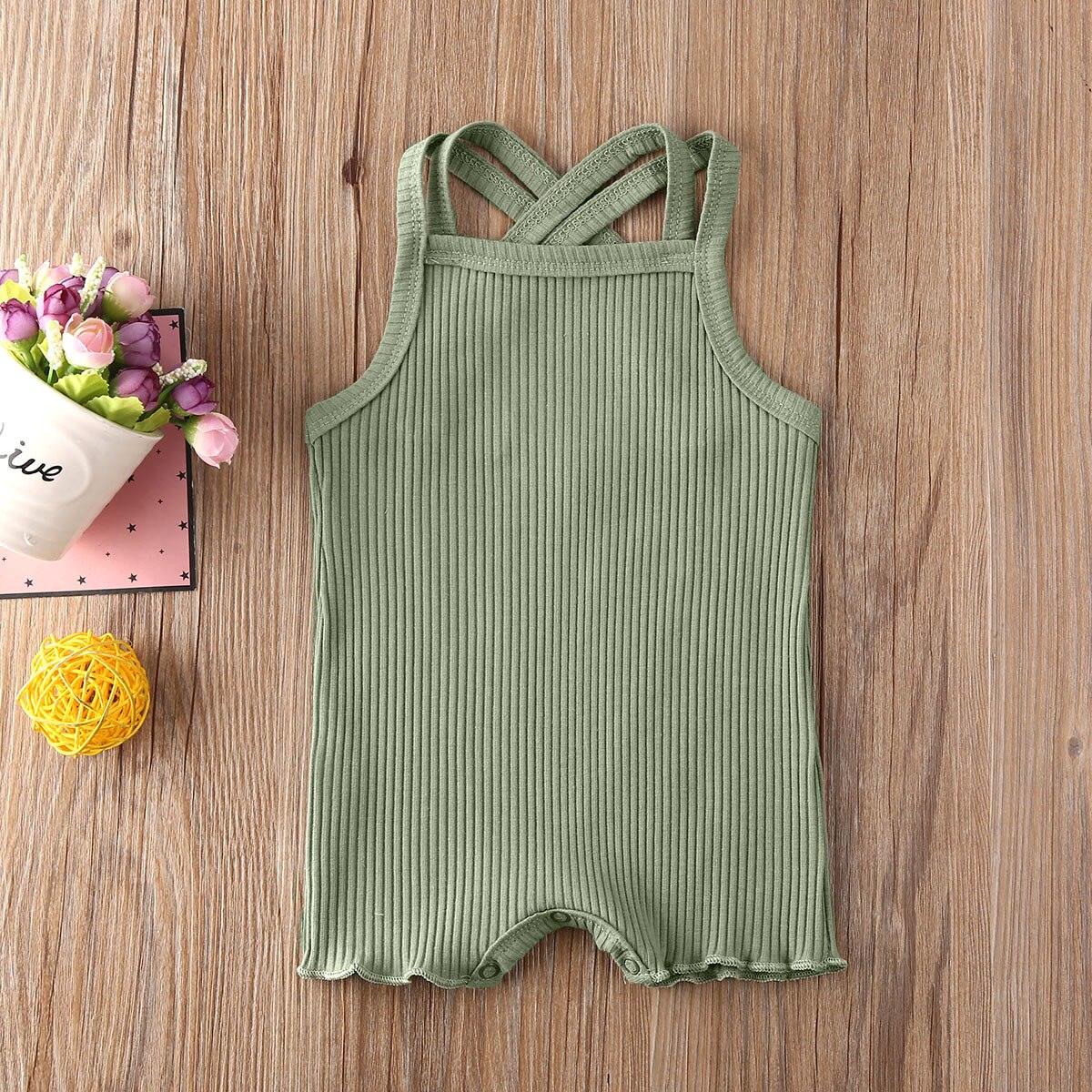 Stevvex ribbed cotton baby romper jumpsuit in sage green with cross-back straps on Tampa Home & Garden Store