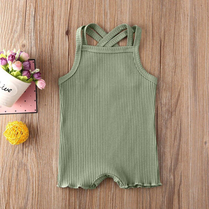 Stevvex ribbed cotton baby romper jumpsuit in sage green with cross-back straps on Tampa Home & Garden Store