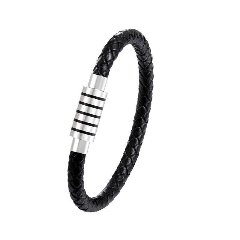 Stainless steel bracelet with black braided leather and striped cylindrical clasp on Tampa Home & Garden Store