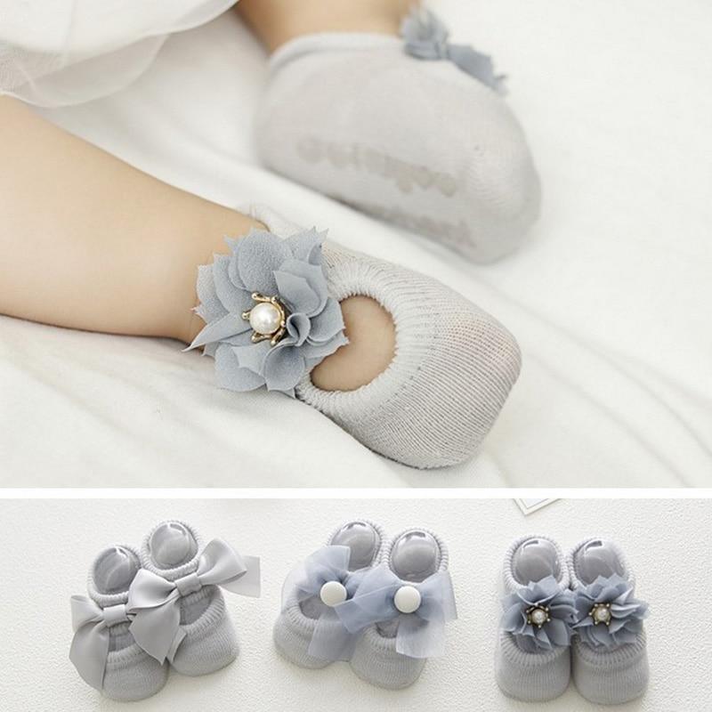 Baby girl anti-slip cotton socks set of three with gray knit and flower lace bow accents on Tampa Home & Garden Store