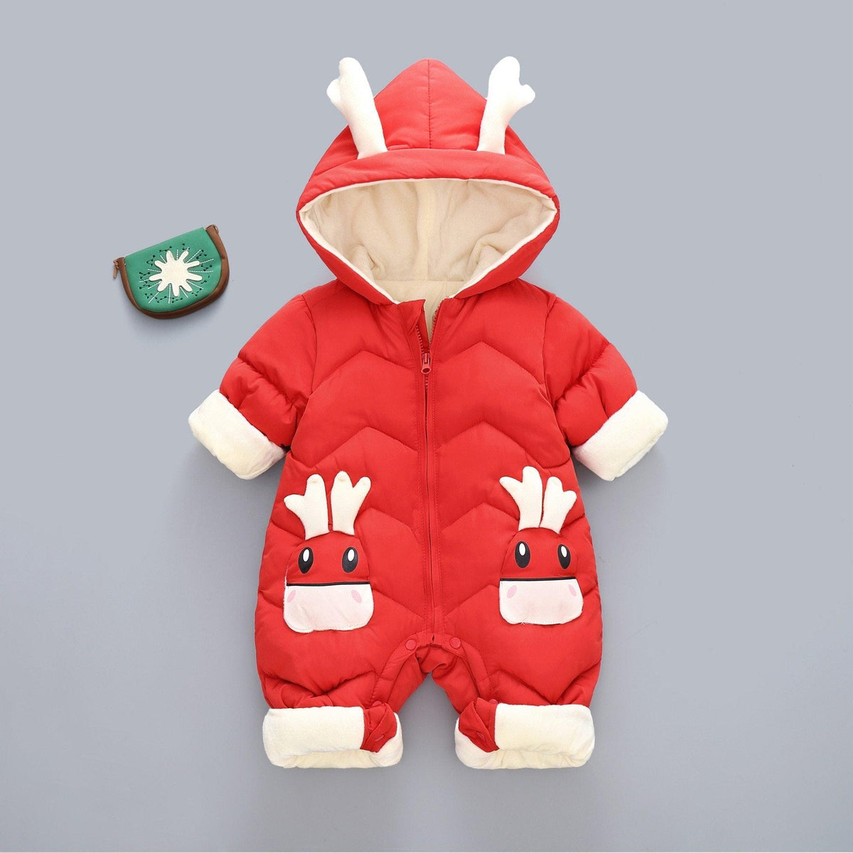 Stevvex baby hooded snowsuit red quilted jumpsuit with beige lining and deer-face pockets on Tampa Home & Garden Store