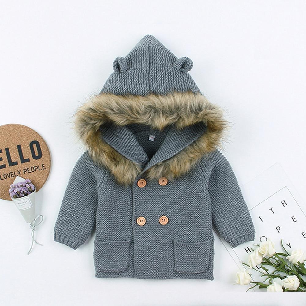 Baby knitted hooded coat in gray with faux fur trim and wooden buttons by Stevvex on Tampa Home & Garden Store