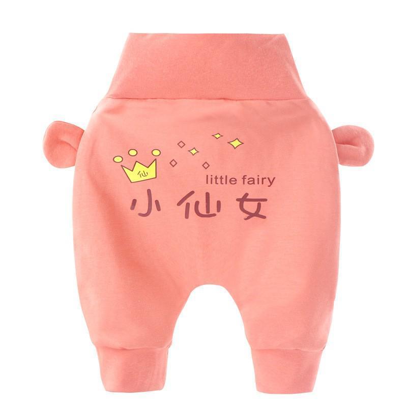 Stevvex baby pants coral pink with bear-ear patches and a crown little fairy print 小仙女 on Tampa Home & Garden Store