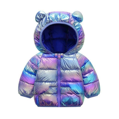 Shiny toddler hooded puffer coat in iridescent purple-blue with bear-ear hood for girls on Tampa Home & Garden Store