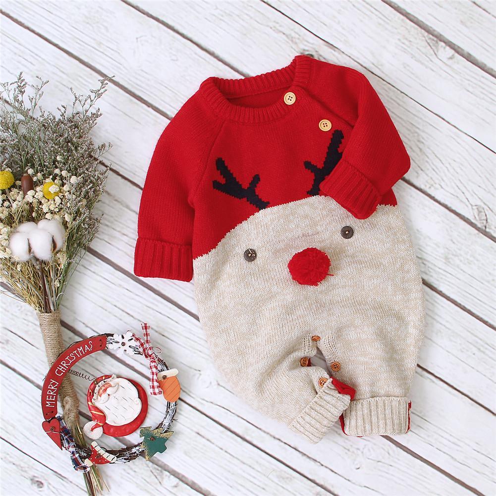 Stevvex baby Christmas romper red knit top reindeer jumpsuit with antlers and red nose on Tampa Home & Garden Store