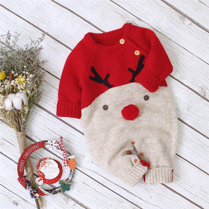 Stevvex baby Christmas romper red knit top reindeer jumpsuit with antlers and red nose on Tampa Home & Garden Store