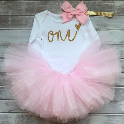Unicorn tutu set by Stevvex for baby girl bodysuit with gold glitter ONE and pink tutu bow on Tampa Home & Garden Store