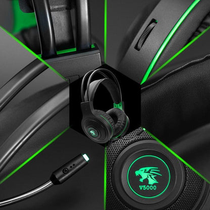 Stevvex ST10S4230HMJ LED gaming headset with mic, green RGB accents, USB wired 3.5mm plug on Tampa Home & Garden Store
