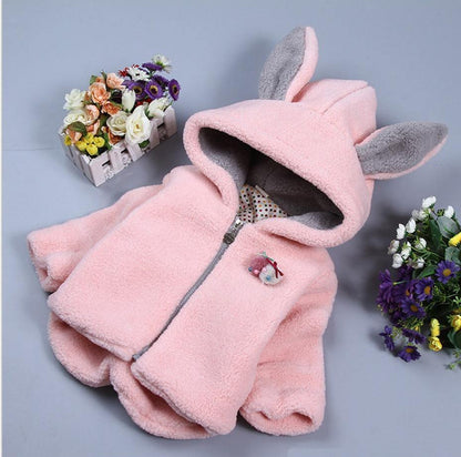 Pink bunny-hooded baby fleece jacket by Stevvex, plush soft fabric, grey lining and zipper on Tampa Home & Garden Store