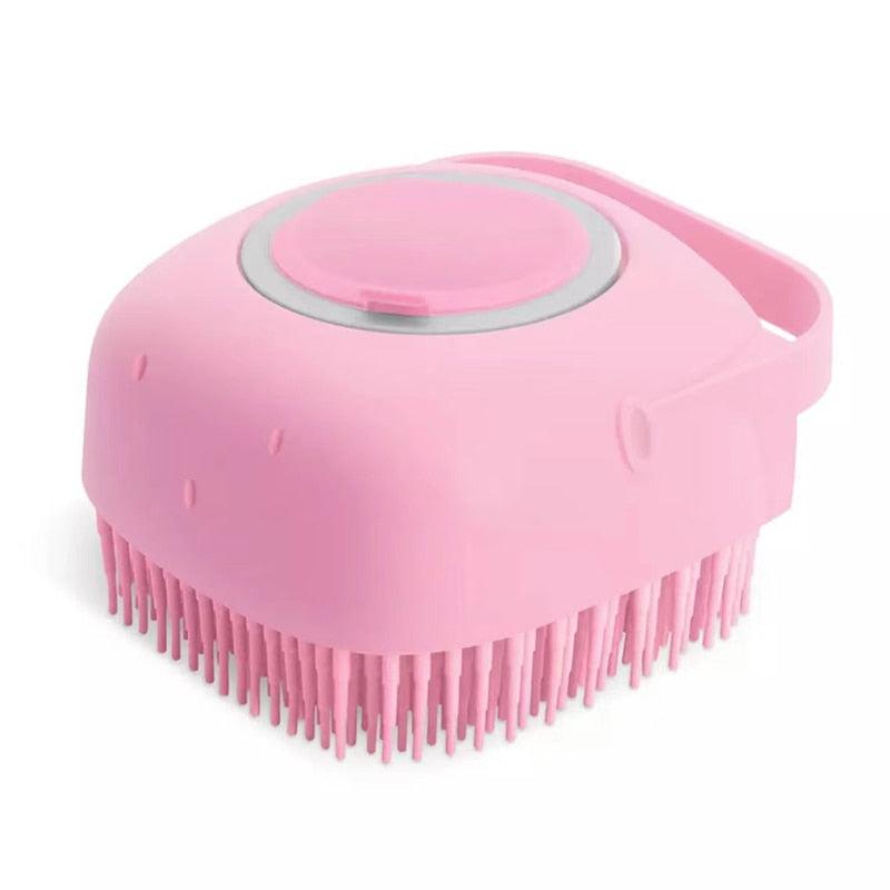 Stevvex pink pet bath brush 2-in-1 silicone massage comb with shampoo dispenser on Tampa Home & Garden Store