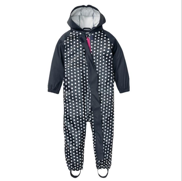 Kids ski jumpsuit Stevvex navy with white polka dots waterproof shell fleece lining hooded on Tampa Home & Garden Store