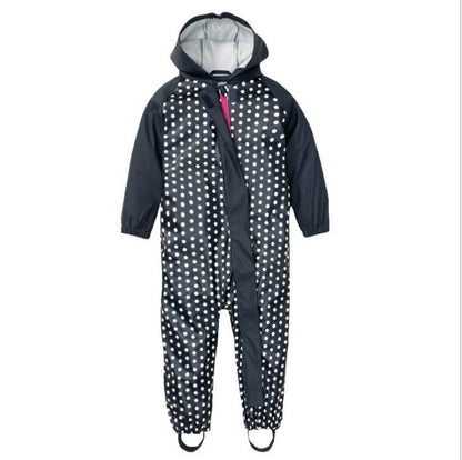 Kids ski jumpsuit Stevvex navy with white polka dots waterproof shell fleece lining hooded on Tampa Home & Garden Store
