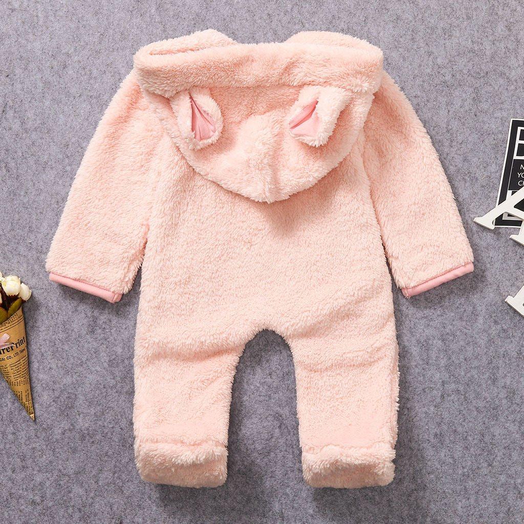 Stevvex pink fleece hooded baby romper with ears solid warm newborn jumpsuit on Tampa Home & Garden Store