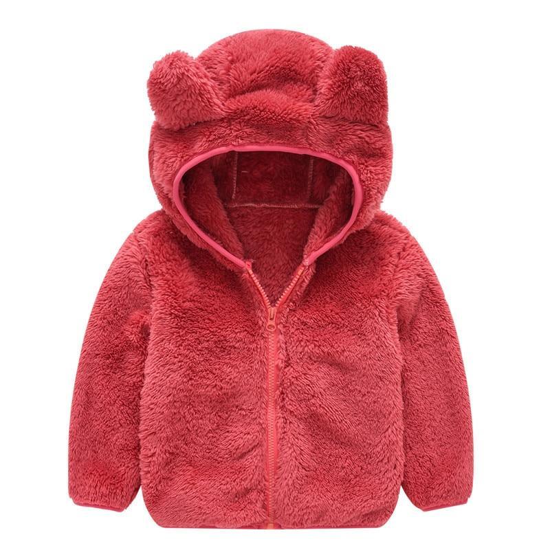 Stevvex kids' fleece hoodie jacket with bear-ear hood, red plush material, zip front on Tampa Home & Garden Store