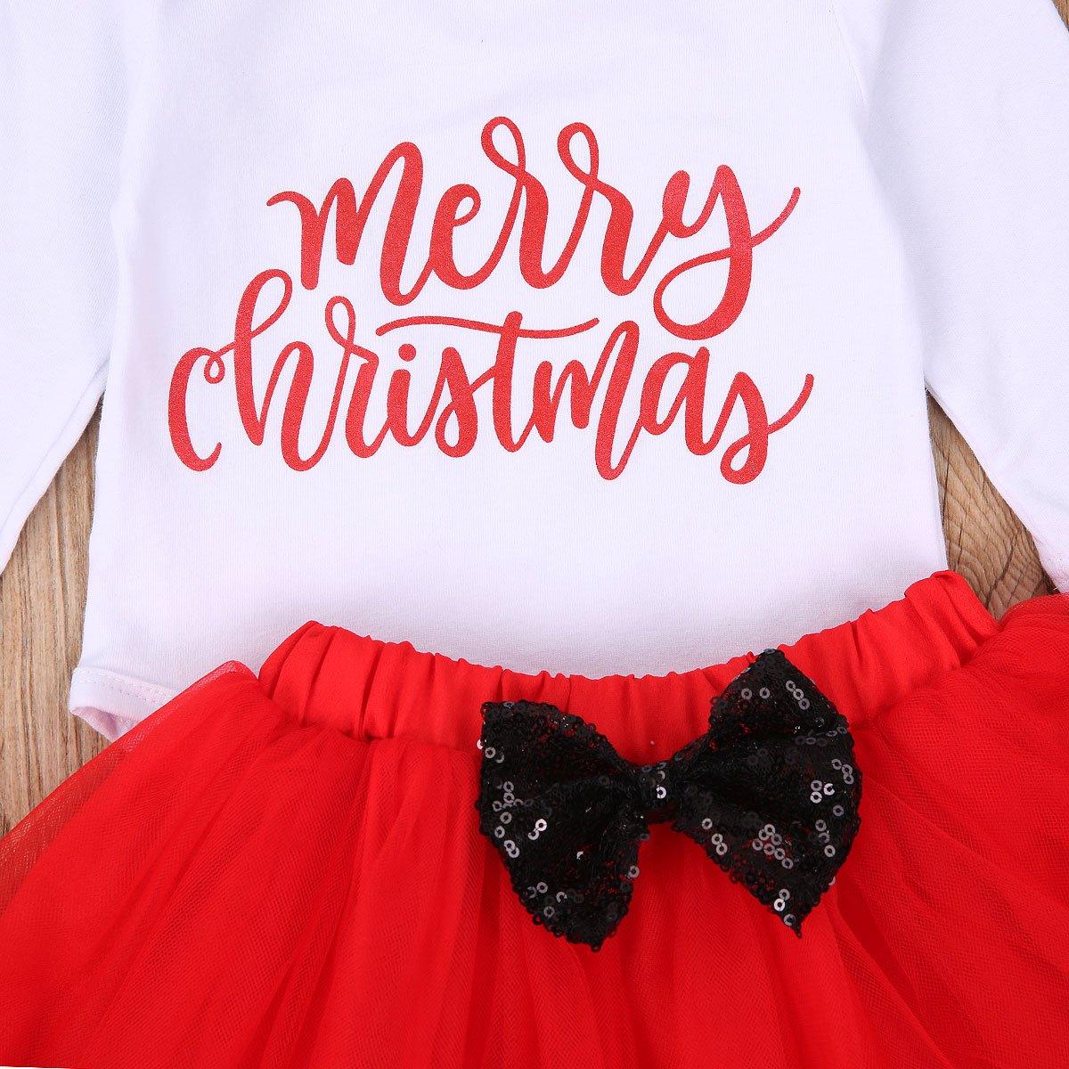 Stevvex 4-piece baby girls dress set white top red Merry print red tutu with black bow on Tampa Home & Garden Store