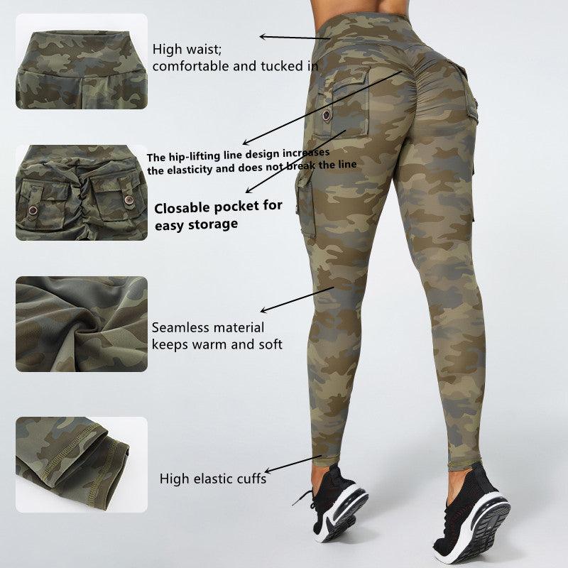 Camouflage yoga pants with pockets Stevvex green camo leggings high-waist elastic slim fit on Tampa Home & Garden Store