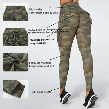Camouflage yoga pants with pockets Stevvex green camo leggings high-waist elastic slim fit on Tampa Home & Garden Store