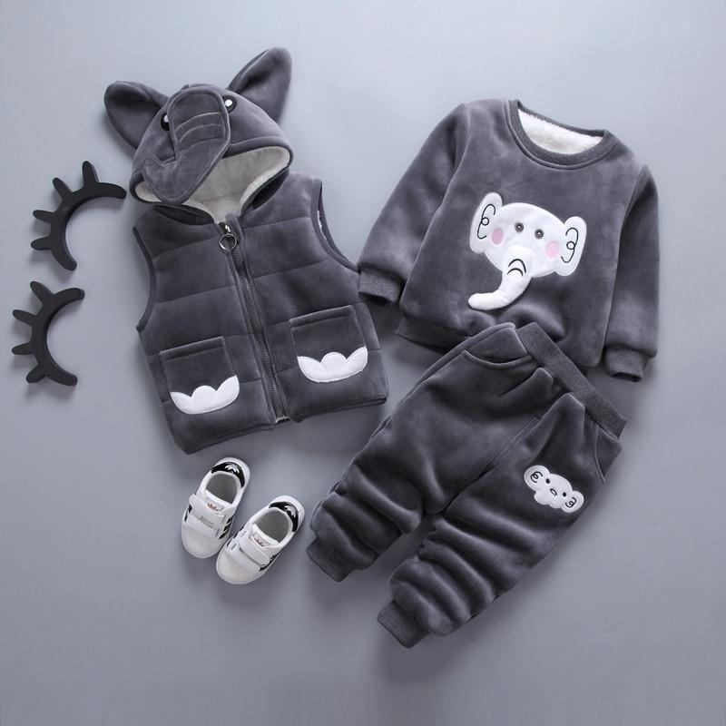 Stevvex baby winter three-piece plush outfit gray hooded vest elephant-print sweatshirt bear-face pants on Tampa Home & Garden Store