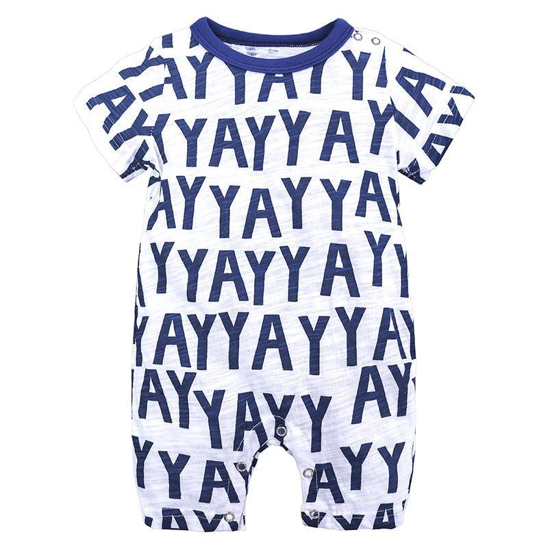 Stevvex baby boy romper one-piece with navy Y print on white fabric, short sleeves, snap closure on Tampa Home & Garden Store