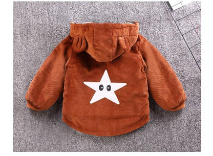 Infant brown corduroy hooded jacket by Stevvex with white star on back on Tampa Home & Garden Store