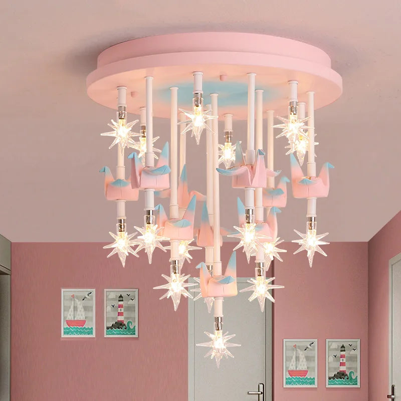 DecorBites Kids Resin Horse Paper Crane Ceiling Light in blue and pink with starburst LEDs on Tampa Home & Garden Store