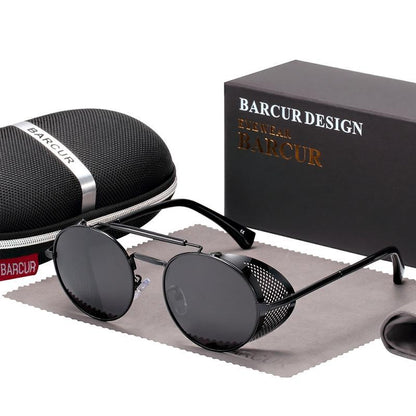 Round metal polarized sunglasses by Stevvex with UV400 protection, black lenses on Tampa Home & Garden Store
