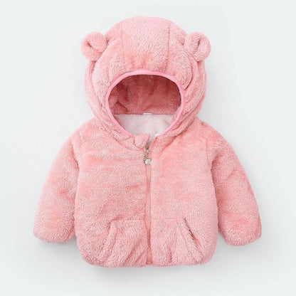 Pink fluffy baby hooded bear-ear puffer coat by Stevvex, soft fleece lining on Tampa Home & Garden Store