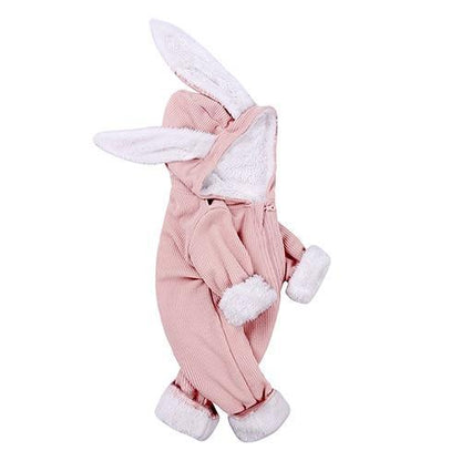 Winter baby romper with rabbit-ear hood in pink plush, white fur trim, Stevvex on Tampa Home & Garden Store