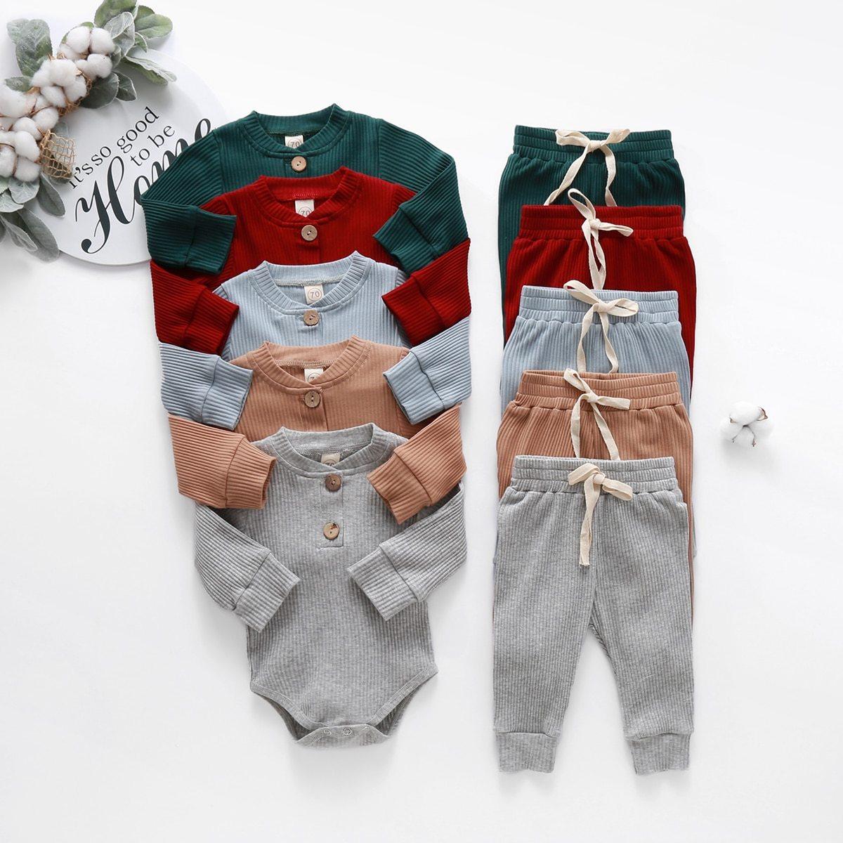 Infant ribbed 2pc bodysuit and elastic pants set in 5 colors teal red blue beige gray on Tampa Home & Garden Store