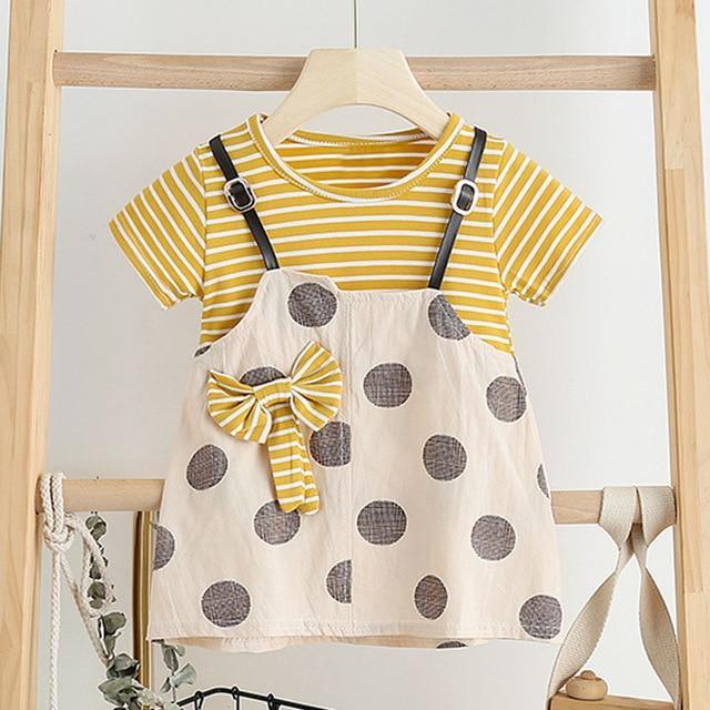 Stevvex baby girl yellow striped tee with beige polka dot suspender dress and bow on Tampa Home & Garden Store