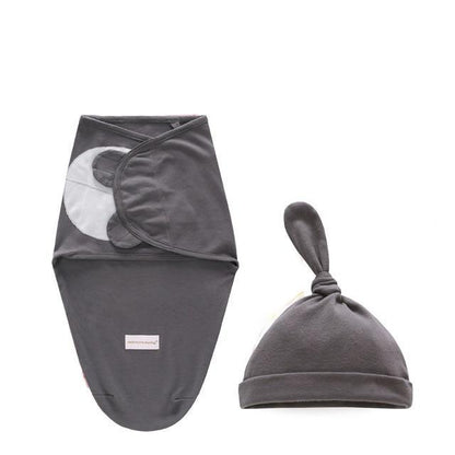 Stevvex 2-piece newborn swaddle wrap set gray sleep bag with moon print and knot hat on Tampa Home & Garden Store