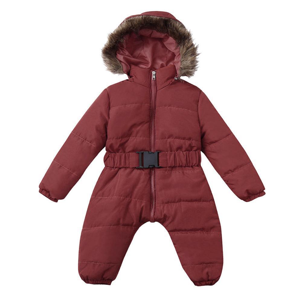 Stevvex infant hooded snowsuit red with faux fur hood and belt on Tampa Home & Garden Store