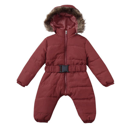 Stevvex infant hooded snowsuit red with faux fur hood and belt on Tampa Home & Garden Store