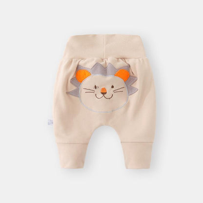 Baby pants Stevvex with lion face applique, beige thick cotton, elastic waist, 3-24M on Tampa Home & Garden Store