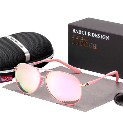 Stevvex pink gradient aviator sunglasses with polarized UV400 lenses, with Barcur case and box on Tampa Home & Garden Store
