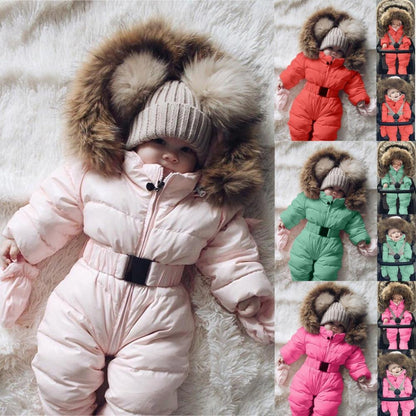 Stevvex infant hooded snowsuit in pink with fur-trimmed hood and belt on Tampa Home & Garden Store
