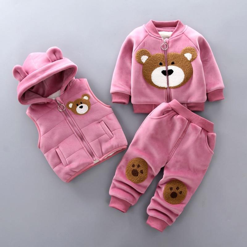 Stevvex pink 3-piece baby fleece set with bear prints hooded vest zip jacket paw patches pants on Tampa Home & Garden Store
