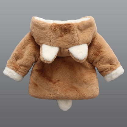 Stevvex baby girl rabbit hooded plush jacket in tan with white fur trim and bunny ears on Tampa Home & Garden Store